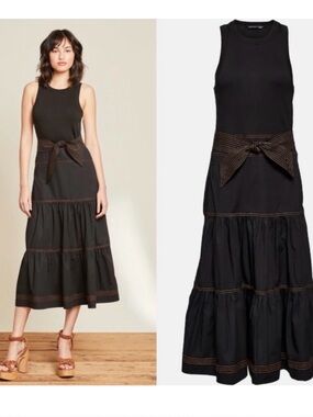 TAHARI SLEEVELESS TIERED MIDI DRESS WITH WAIST TIE SIZE L  EXCELLENT CONDITION